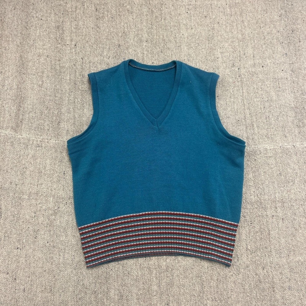 Vintage 1970s Striped Sweater Vest Mens Small Blue